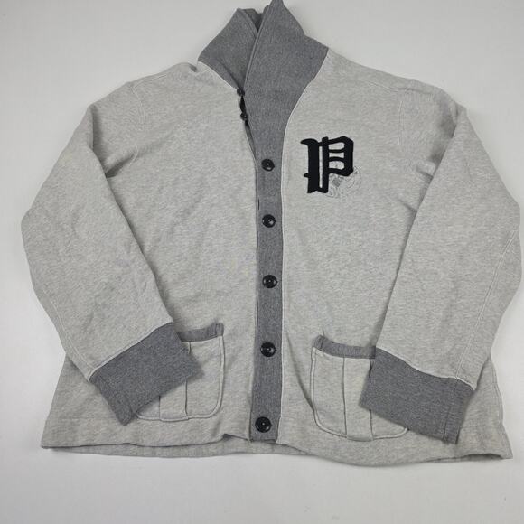 Polo Ralph Lauren Sweater mens XL Gray Shawl Collar Cardigan Varsity P Patch - Picture 1 of 9